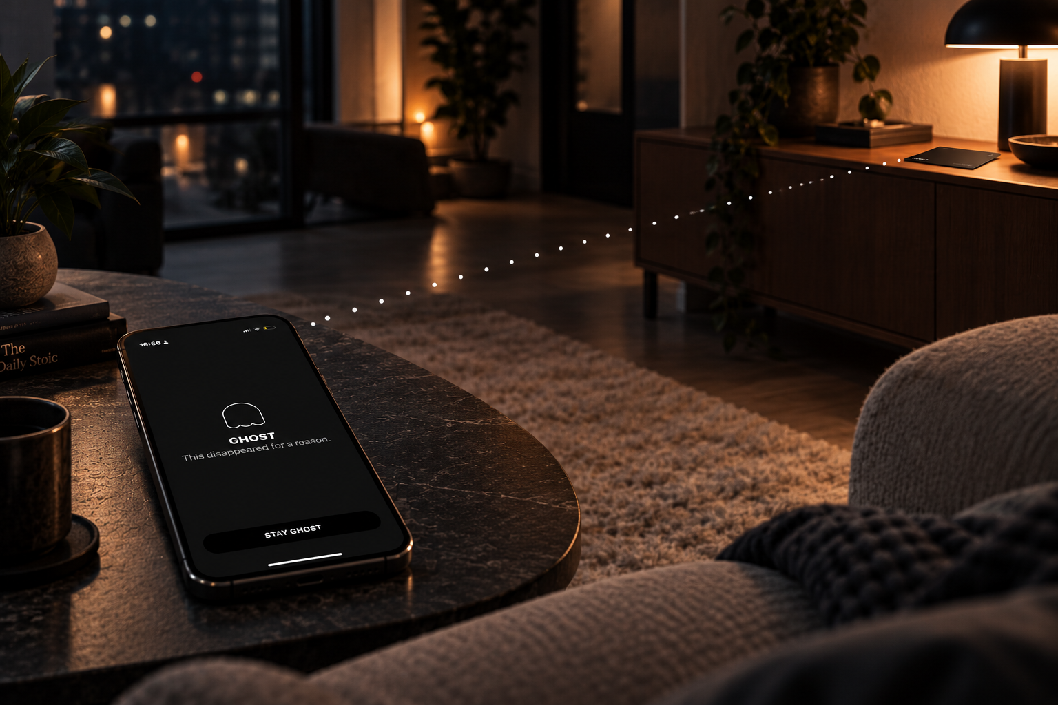 A phone showing the GHOST blocked screen on a table, with the GHOST Card resting across the room